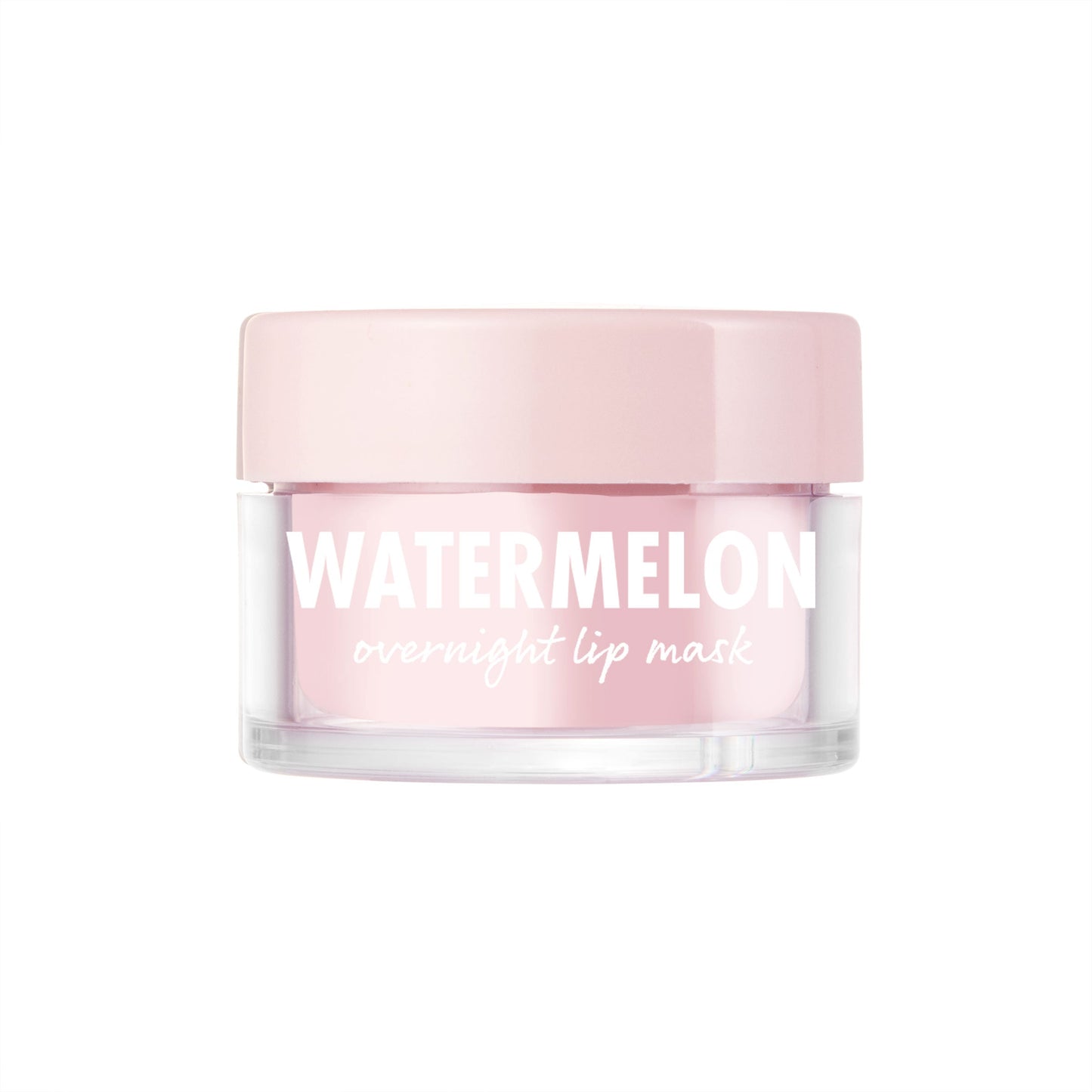 ColourPop Watermelon Lip Mask shown in a small clear glass jar with a pale pink lid, the light pink overnight formula labeled “WATERMELON” in white, sitting centered against a clean white background.
