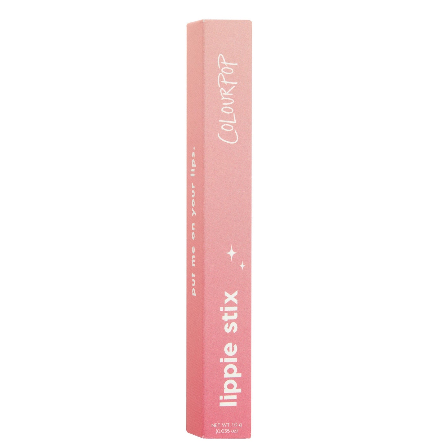 ColourPop Lippie Stix in shade Topanga stands upright in its pink gradient box with white ColourPop and “lippie stix” branding and sparkles, net wt 1.0 g (0.035 oz), against a clean white background.