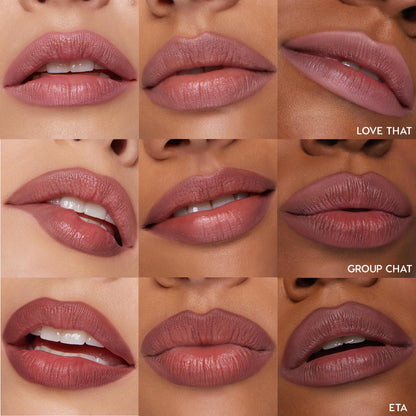 Close-up lips showcase Lips Don’t Lie, the ColourPop So Juicy Plumping Lip Liner Set, applied across a 3x3 grid on diverse skin tones; rosy-mauve shades labeled Love That, Group Chat, and ETA define lips with a smooth, plush finish.