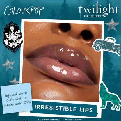 Glossy lips wearing Team Edward ColourPop Lux Lip Oil, a high-shine sheer finish infused with calendula and chamomile oils, shown in a Twilight Collection ad with a teal forest backdrop and playful wolf and truck icons.