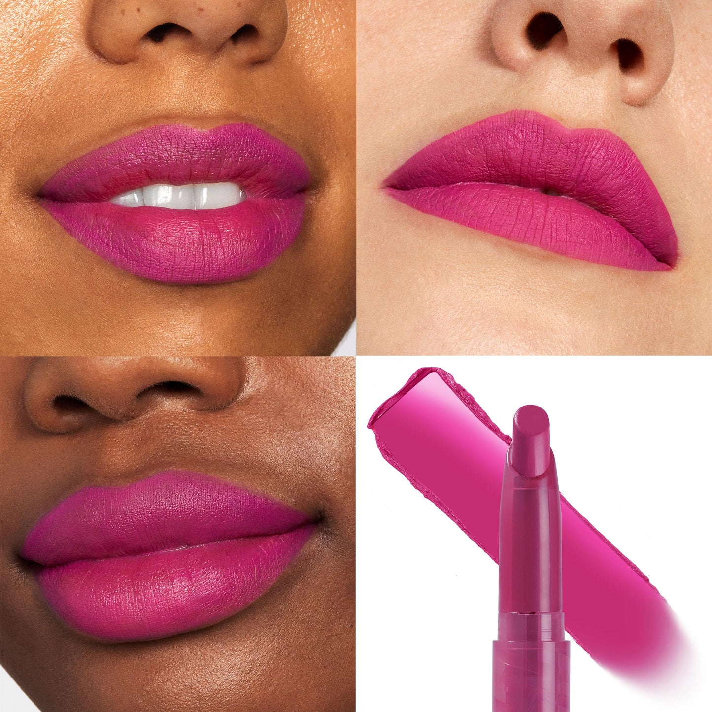 Heart On ColourPop Lippie Stix applied - vivid fuchsia-magenta lipstick shown on three lip close-ups across different skin tones with a soft-matte finish, plus the twist-up Lippie Stix bullet and swatch on a white background.