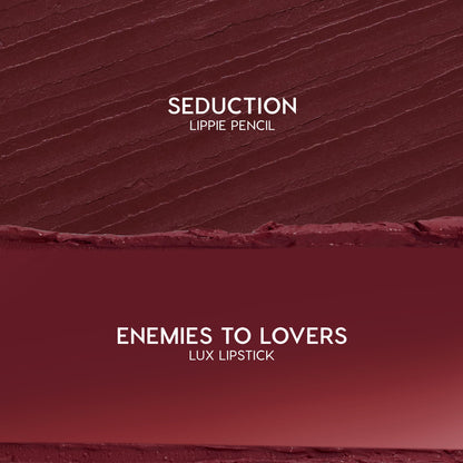 Swatch duo showcases Slow Burn: ColourPop Lux Lipstick shade Enemies to Lovers, a smooth deep burgundy smear on the bottom, paired with Seduction Lippie Pencil’s textured wine‑red stroke above, on a clean studio background.