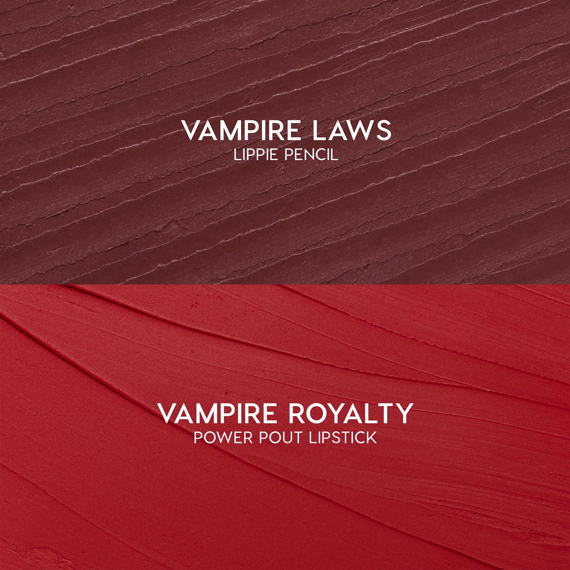 ColourPop Power Pout Lipstick swatch in Vampire Royalty sweeps in velvety red strokes, shown with the matching Vampire Laws Lippie Pencil swatch above as the You Can't Trust Vampires kit, highlighting bold, creamy color payoff.